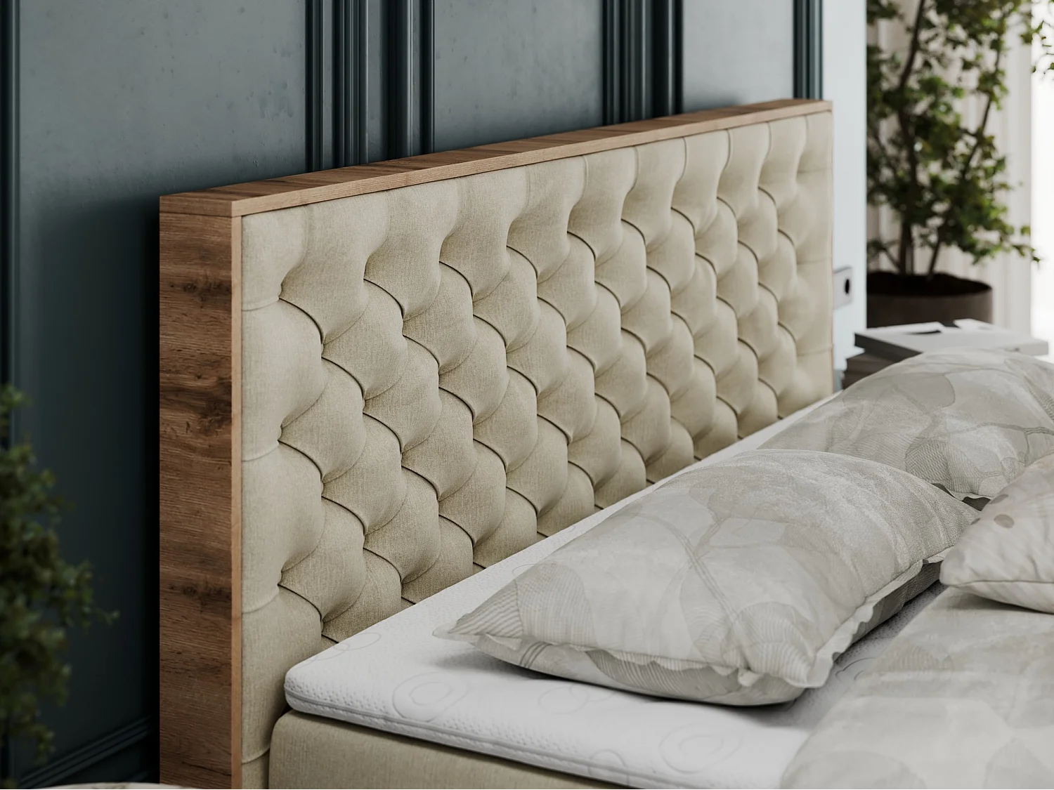 Boxspringbett ALBERO 3 - gesteppte Kopfstütze, Eiche Wotan Holzrahmen, Stauraum - 140x200 cm - H3 - Beige Velvet