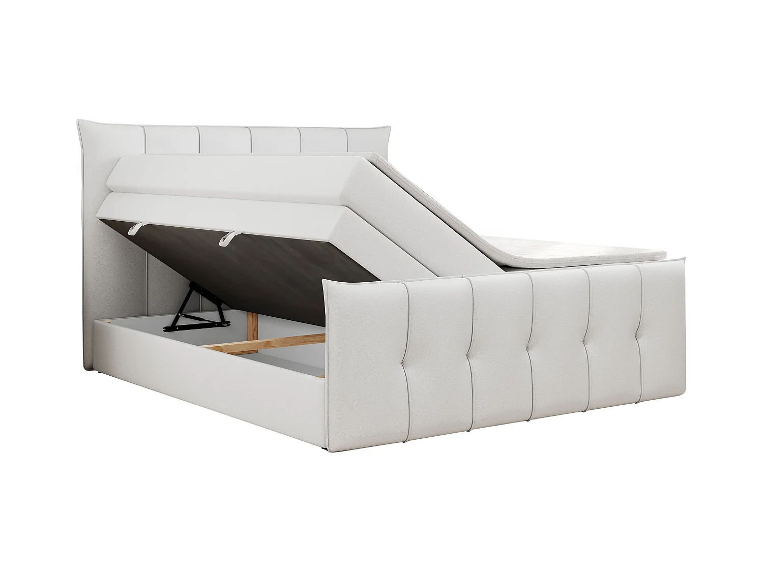Boxspringbett PREMIUM 11 KING mit Stauraum, gestepptes Kopfteil, zwei Multipocket-Matratzen - 180x200 cm - H4 - Weiß Kunstleder