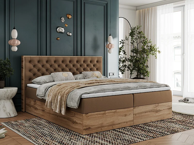 Boxspringbett ALBERO 3 - gesteppte Kopfstütze, Eiche Wotan Holzrahmen, Stauraum - 200x200 cm - H4 - Braun Kunstleder