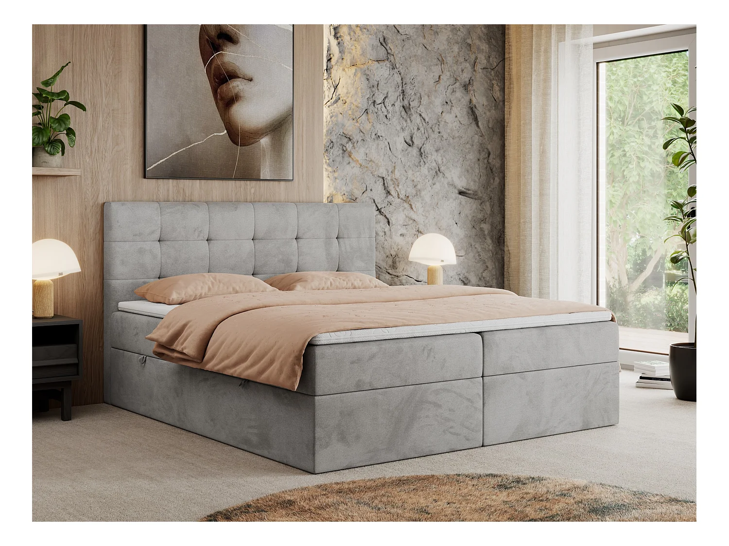 Boxspringbett CENTOS mit gestepptem Kopfteil, Multipocket-Matratze, Doppelbett mit Stauraum - 120x200 cm - H3 - Hellgrau Velvet