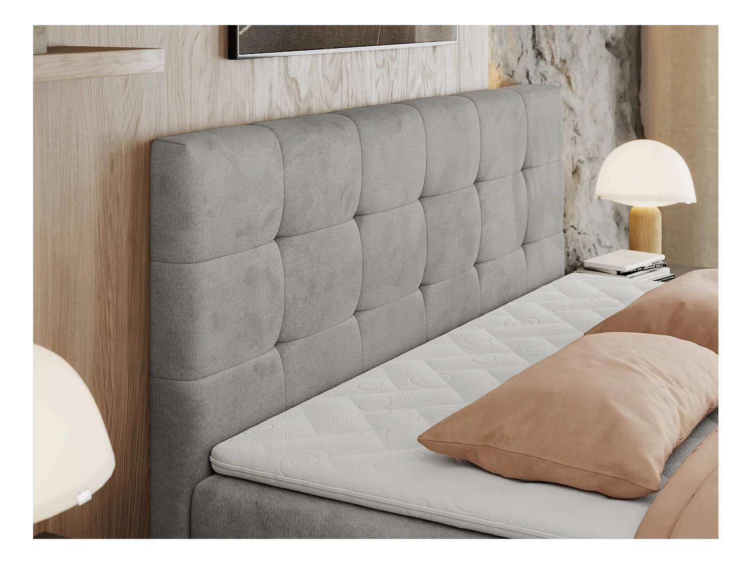 Boxspringbett CENTOS mit gestepptem Kopfteil, Multipocket-Matratze, Doppelbett mit Stauraum - 120x200 cm - H3 - Hellgrau Velvet