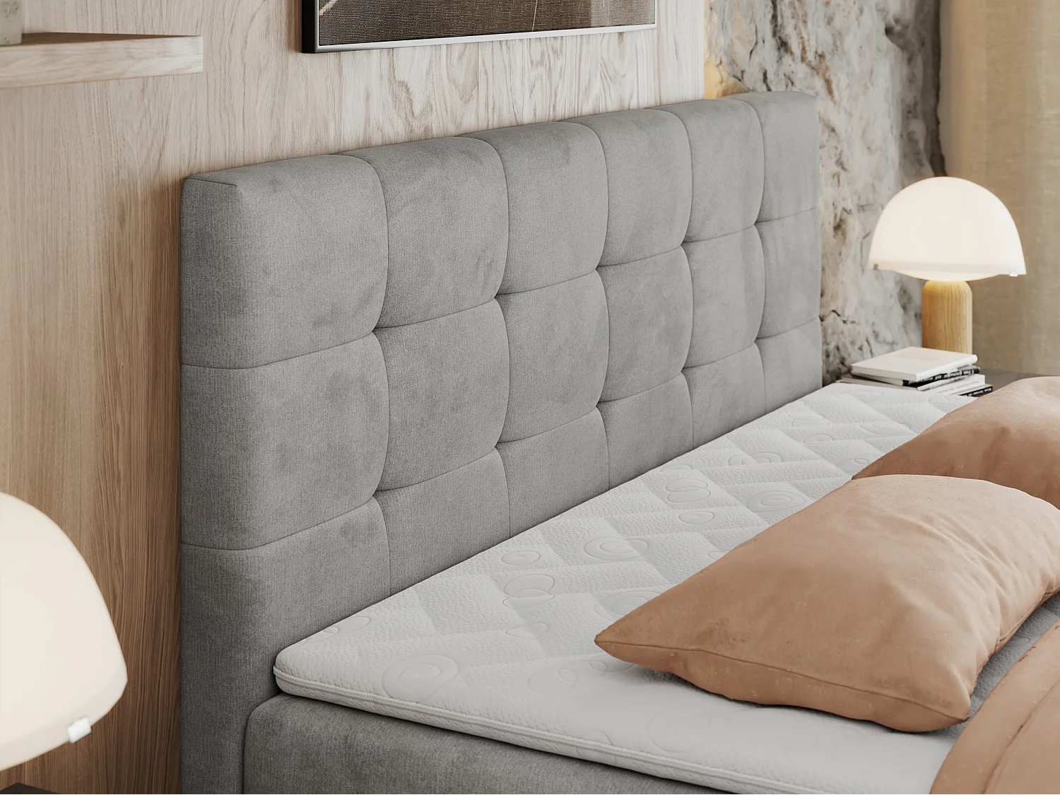 Boxspringbett CENTOS mit gestepptem Kopfteil, Multipocket-Matratze, Doppelbett mit Stauraum - 120x200 cm - H3 - Hellgrau Velvet