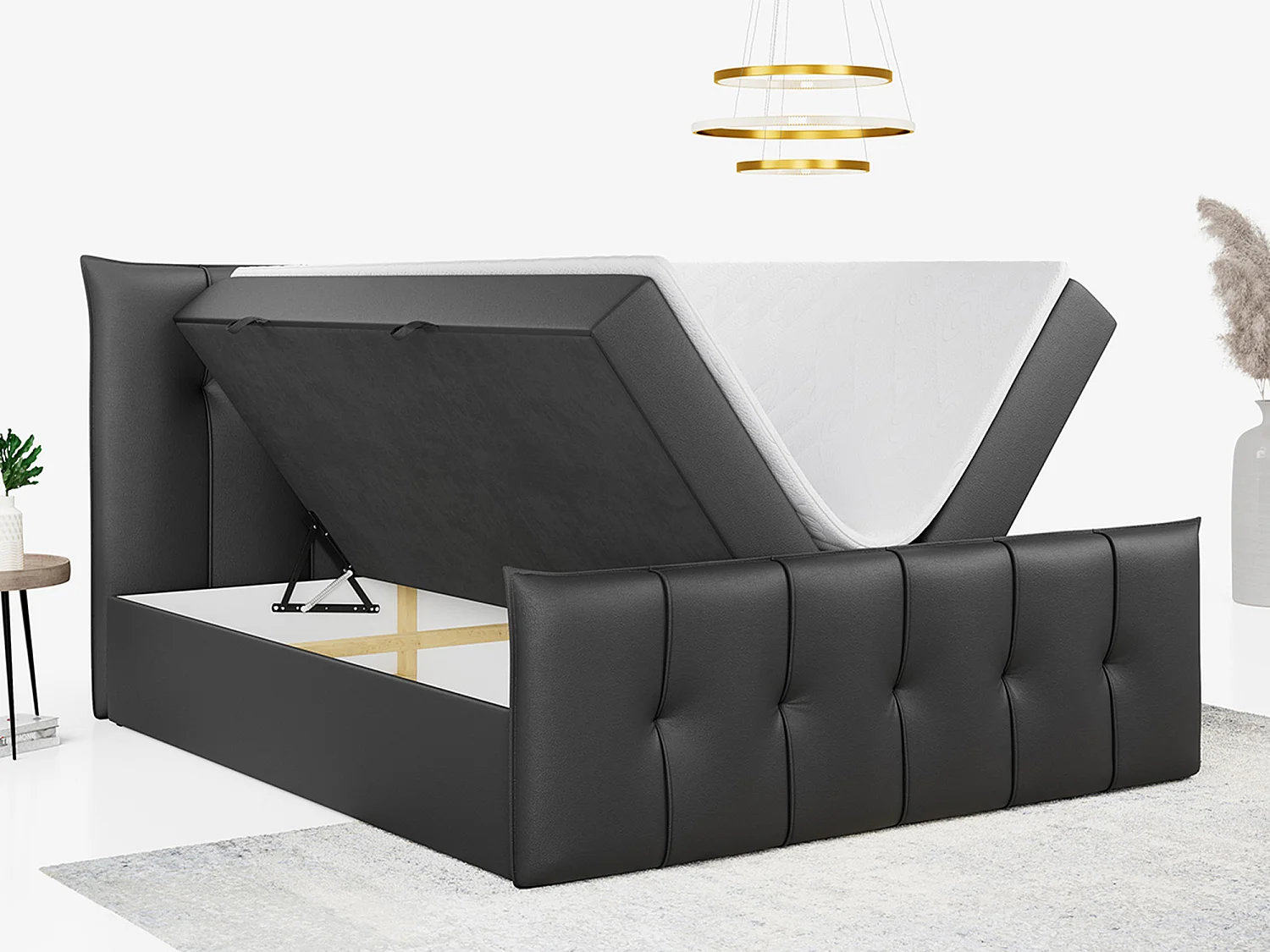 Boxspringbett PREMIUM 11 mit Stauraum, gestepptem Kopfteil, Multipocket-Matratze und Topper - 200x200 cm - H3 - Dunkelgrau Kunstleder