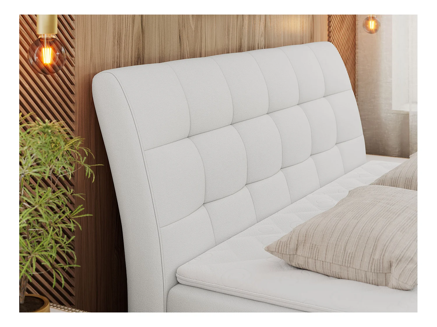 Boxspringbett DIEGOS mit Stauraum, gestepptem Kopfteil, Multipocket-Matratze - 140x200 cm - H4 - Weiß Kunstleder