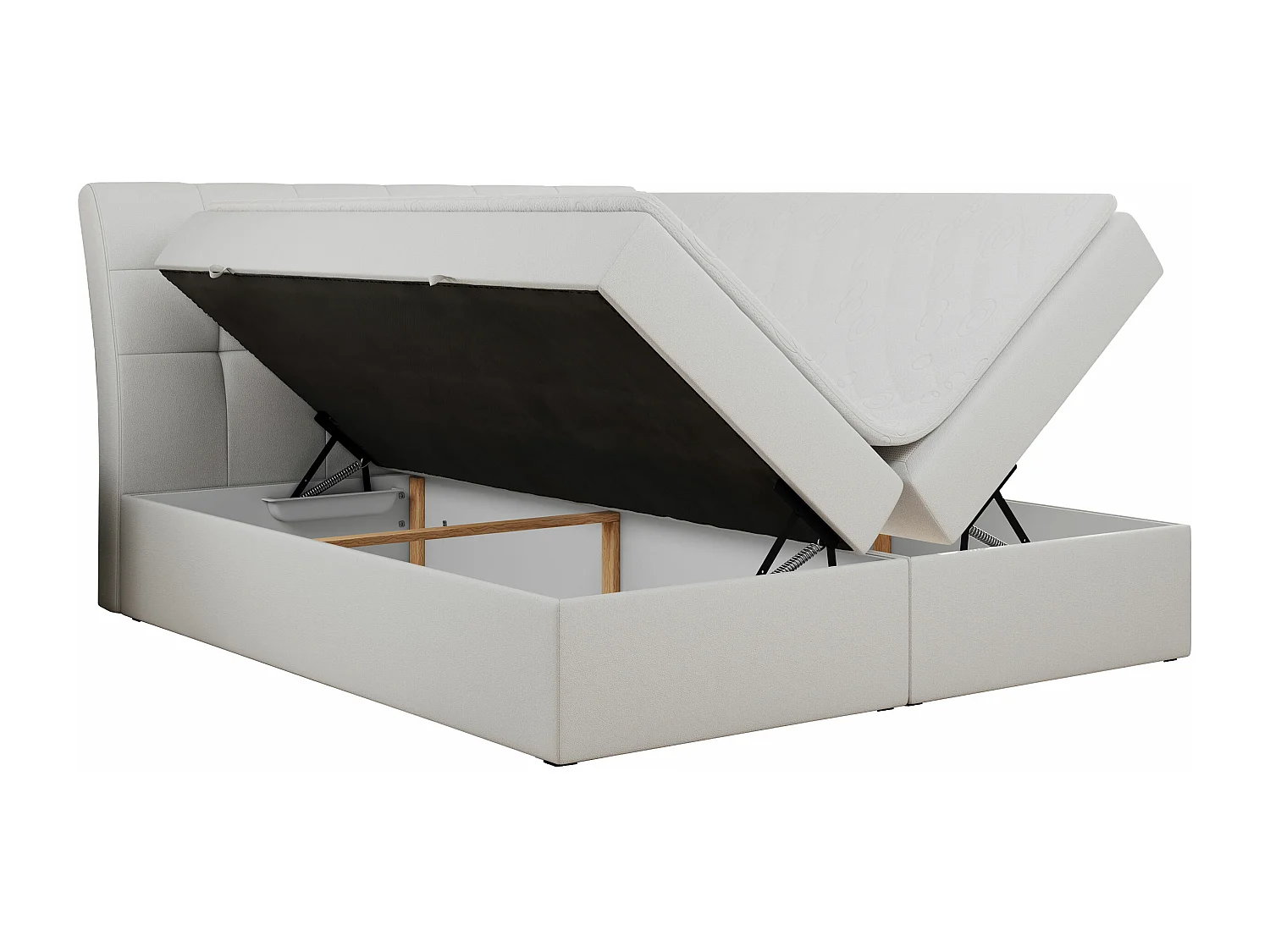 Boxspringbett DIEGOS mit Stauraum, gestepptem Kopfteil, Multipocket-Matratze - 140x200 cm - H4 - Weiß Kunstleder