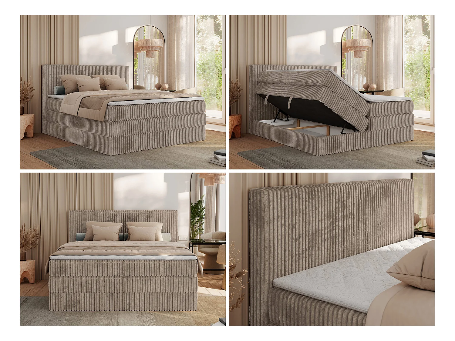 Boxspringbett TILIANO KING, Multipocket-Matratze, Cord Bett, Kopfteil und zwei Bettkästen - 200x200 cm - H4 - Hellbraun Cord