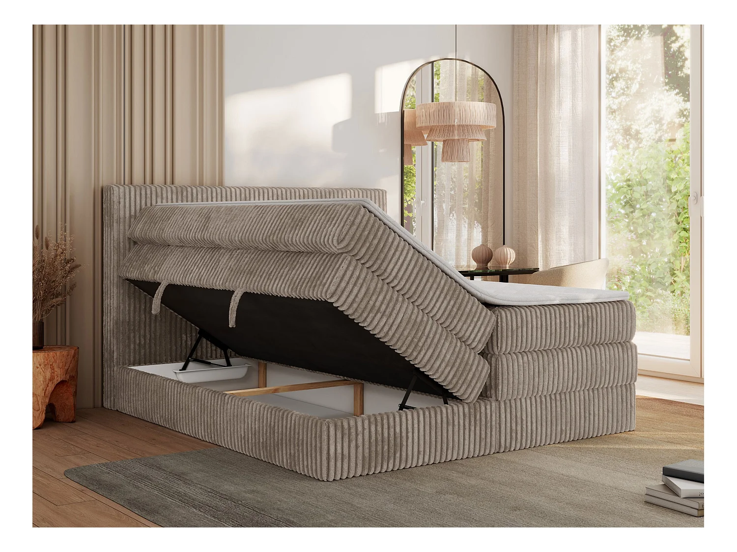 Boxspringbett TILIANO KING, Multipocket-Matratze, Cord Bett, Kopfteil und zwei Bettkästen - 200x200 cm - H4 - Hellbraun Cord