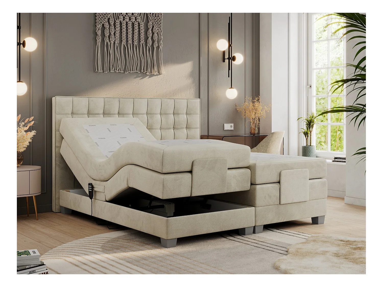 Boxspringbett ELEKTRO mit Multipocket-Matratze, Elektrisch verstellbare, genähtes Kopfteil - 140x200 cm - H3 - Beige Velvet