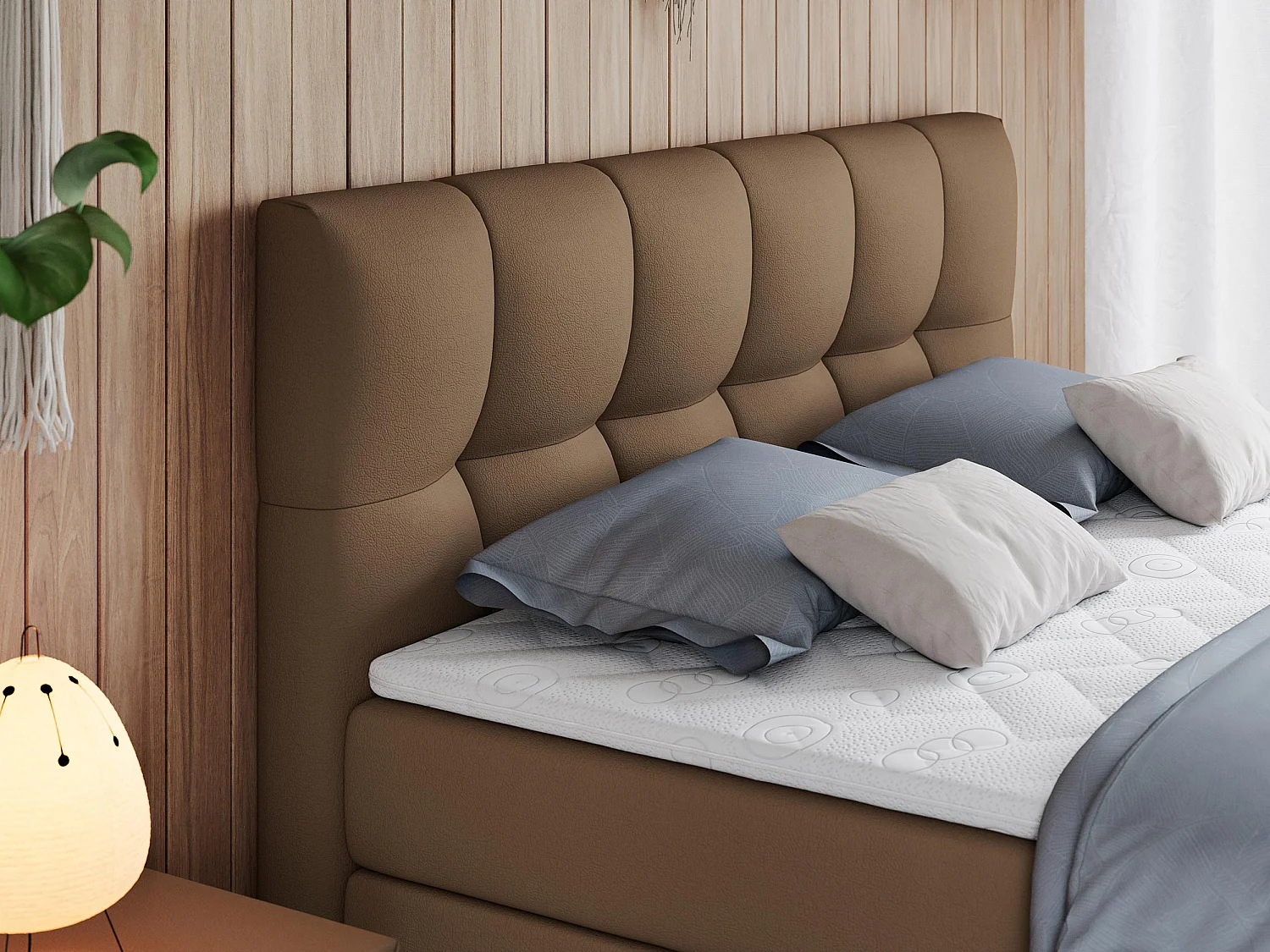 Boxspringbett ALVIN KING, mit zwei Multipocket-Matratzen, Bettkästen, genähtes Kopfteil - 120x200 cm - H4 - Braun Kunstleder