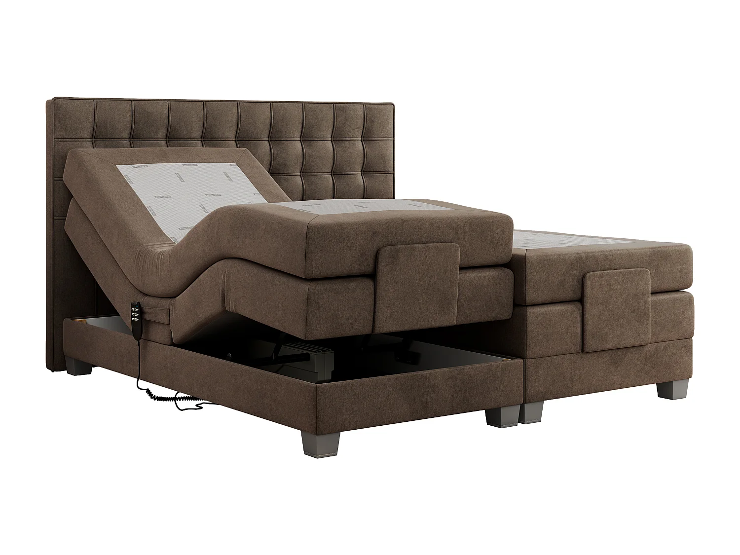 Boxspringbett ELEKTRO mit Multipocket-Matratze, Elektrisch verstellbare, genähtes Kopfteil - 200x200 cm - H4 - Braun Velvet