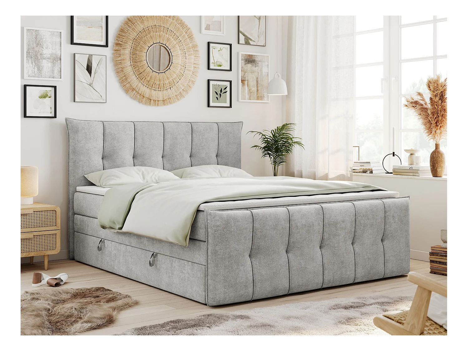 Boxspringbett PREMIUM 11 KING mit Stauraum, gestepptes Kopfteil, zwei Multipocket-Matratzen - 160x200 cm - H4 - Hellgrau Strukture