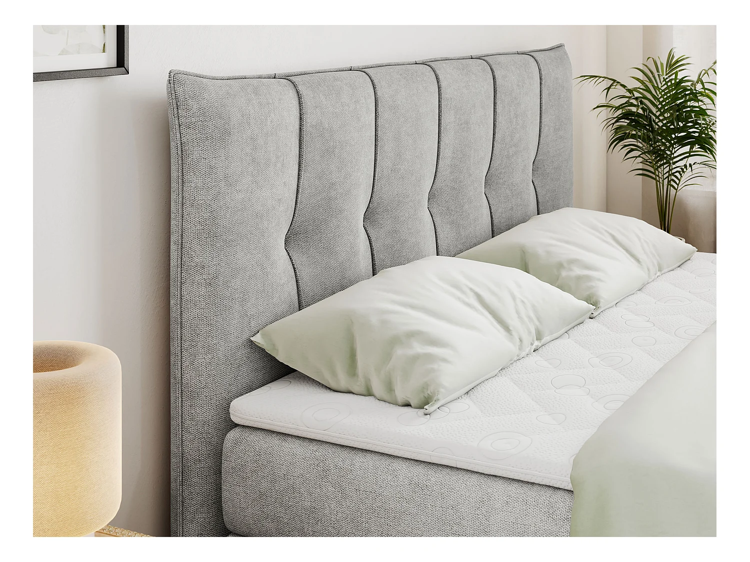 Boxspringbett PREMIUM 11 KING mit Stauraum, gestepptes Kopfteil, zwei Multipocket-Matratzen - 160x200 cm - H4 - Hellgrau Strukture