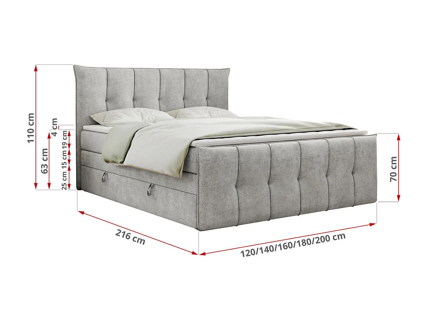 Boxspringbett PREMIUM 11 KING mit Stauraum, gestepptes Kopfteil, zwei Multipocket-Matratzen - 160x200 cm - H4 - Hellgrau Strukture