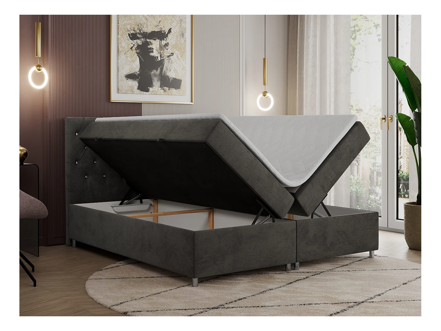 Boxspringbett ROMA mit gestepptem Kopfteil, Multipocket-Matratze, dekorative Füße - 200x200 cm - H4 - Dunkelgrau Velvet