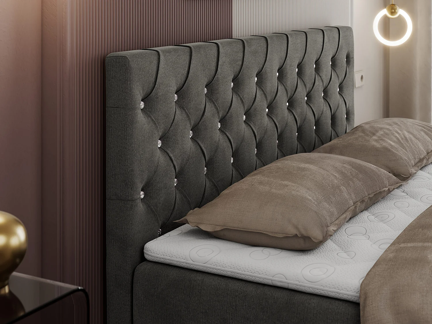 Boxspringbett ROMA mit gestepptem Kopfteil, Multipocket-Matratze, dekorative Füße - 200x200 cm - H4 - Dunkelgrau Velvet