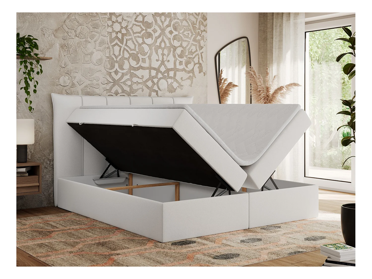 Boxspringbett PREMIUM 10 mit Multipocket-Matratze, gesteppte Kopfstütze, zwei Bettkästen - 120x200 cm - H3 - Weiß Kunstleder