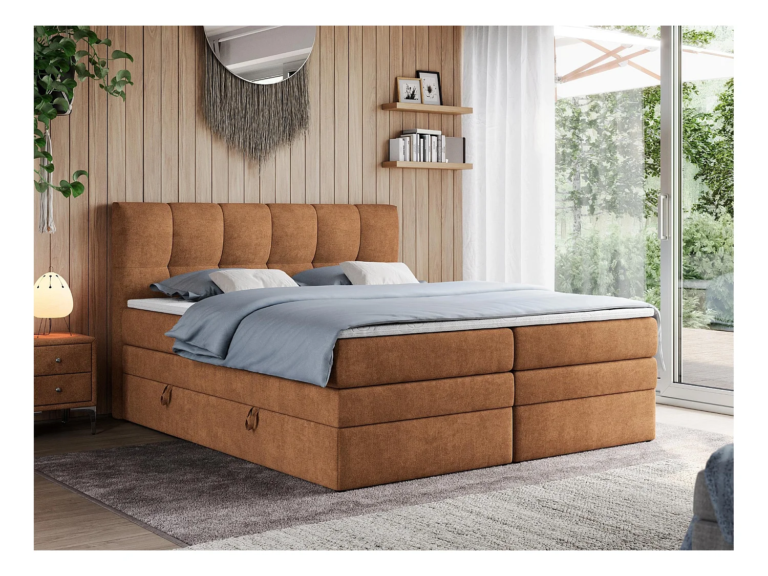 Boxspringbett ALVIN KING, mit zwei Multipocket-Matratzen, Bettkästen, genähtes Kopfteil - 180x200 cm - H3 - Orange Strukture