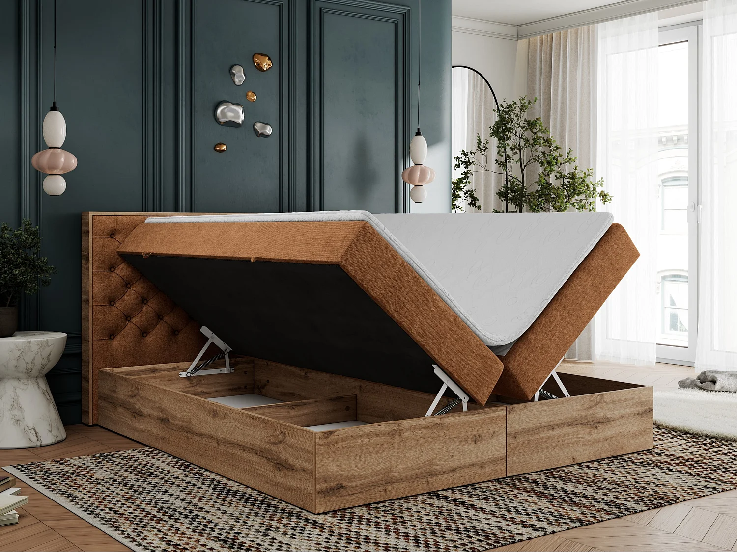 Boxspringbett ALBERO 3 - gesteppte Kopfstütze, Eiche Wotan Holzrahmen, Stauraum - 200x200 cm - H3 - Orange Strukture