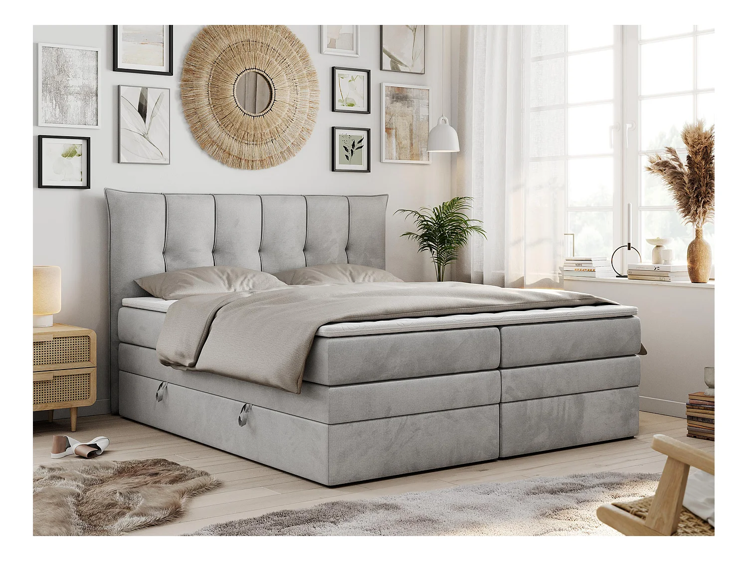 Boxspringbett PREMIUM 10 KING, Doppelbett mit Stauraum, gesteppte Kopfstütze, Multipocket-Matratze - 180x200 cm - H4 - Hellgrau Velvet