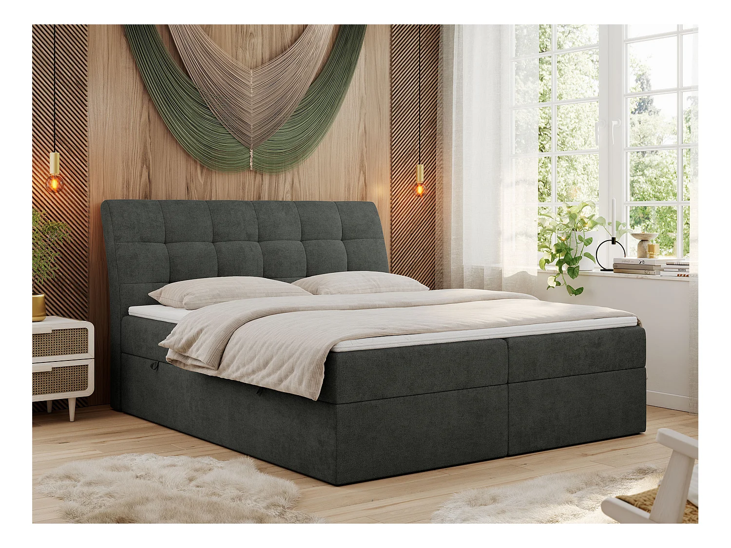 Boxspringbett DIEGOS mit Stauraum, gestepptem Kopfteil, Multipocket-Matratze - 140x200 cm - H3 - Dunkelgrau Strukture