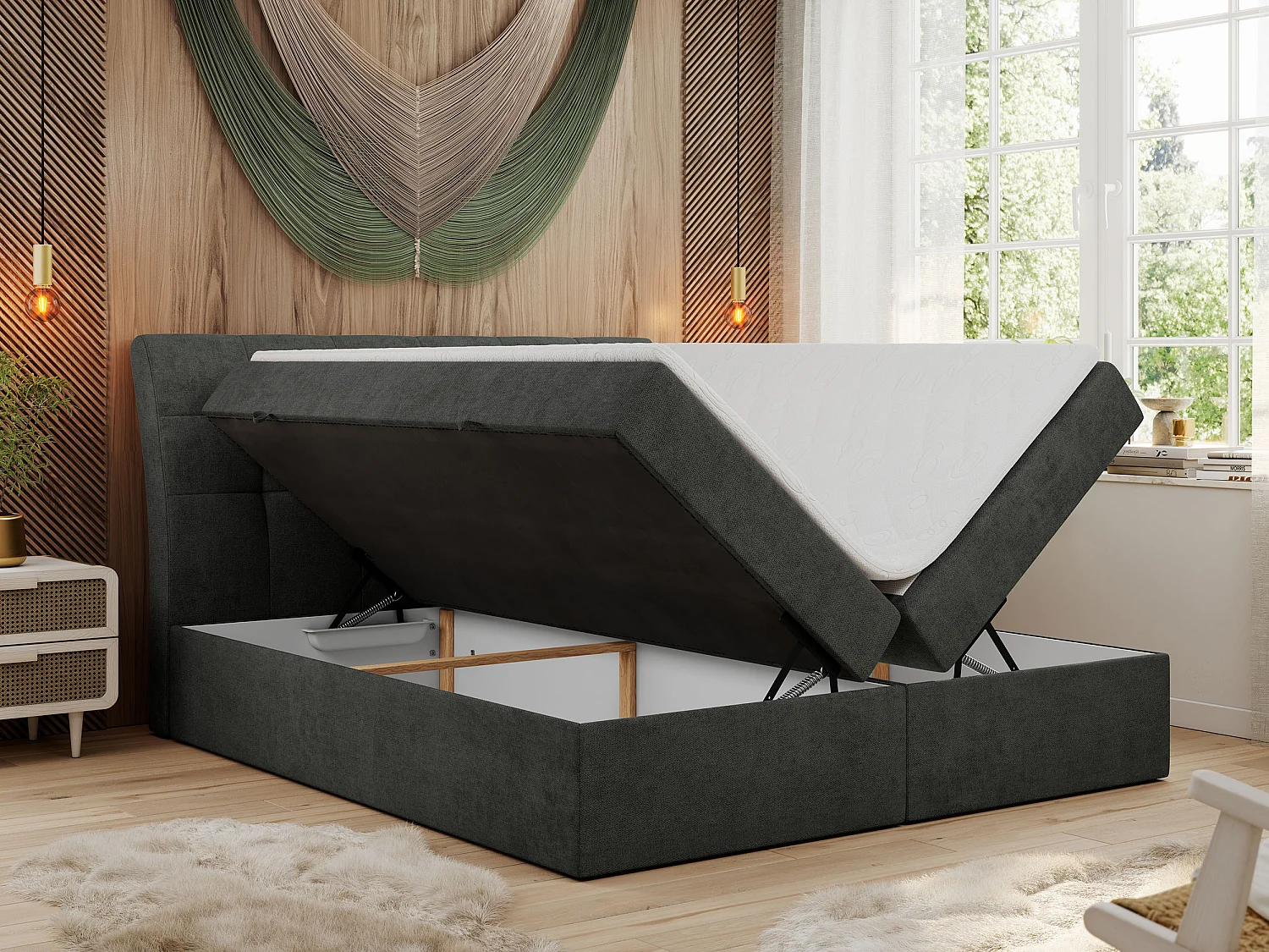 Boxspringbett DIEGOS mit Stauraum, gestepptem Kopfteil, Multipocket-Matratze - 140x200 cm - H3 - Dunkelgrau Strukture