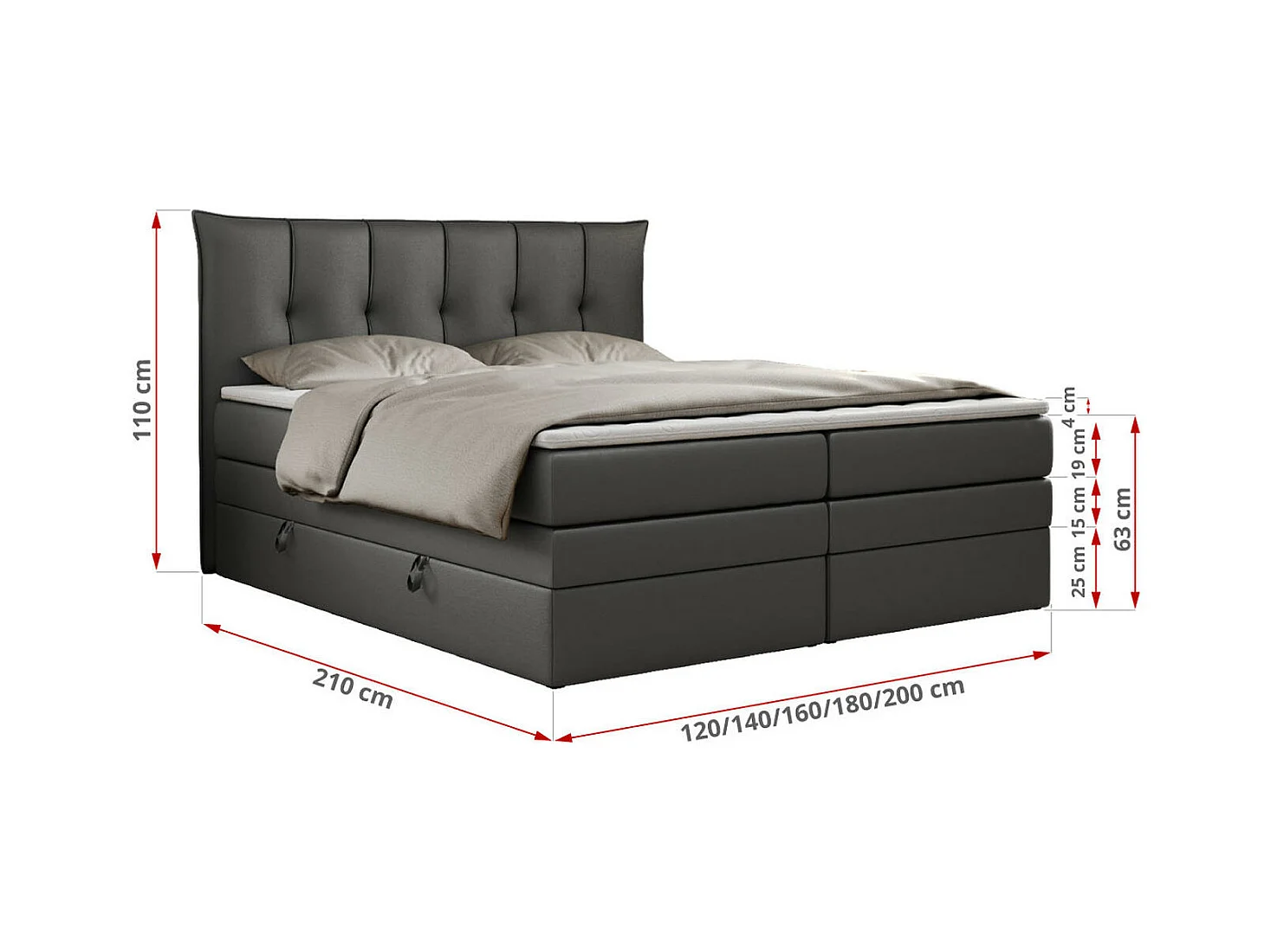 Boxspringbett PREMIUM 10 KING, Doppelbett mit Stauraum, gesteppte Kopfstütze, Multipocket-Matratze - 200x200 cm - H3 - Dunkelgrau Kunstleder