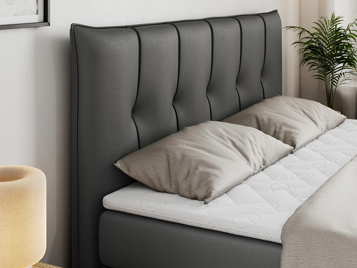 Boxspringbett PREMIUM 10 KING, Doppelbett mit Stauraum, gesteppte Kopfstütze, Multipocket-Matratze - 200x200 cm - H3 - Dunkelgrau Kunstleder