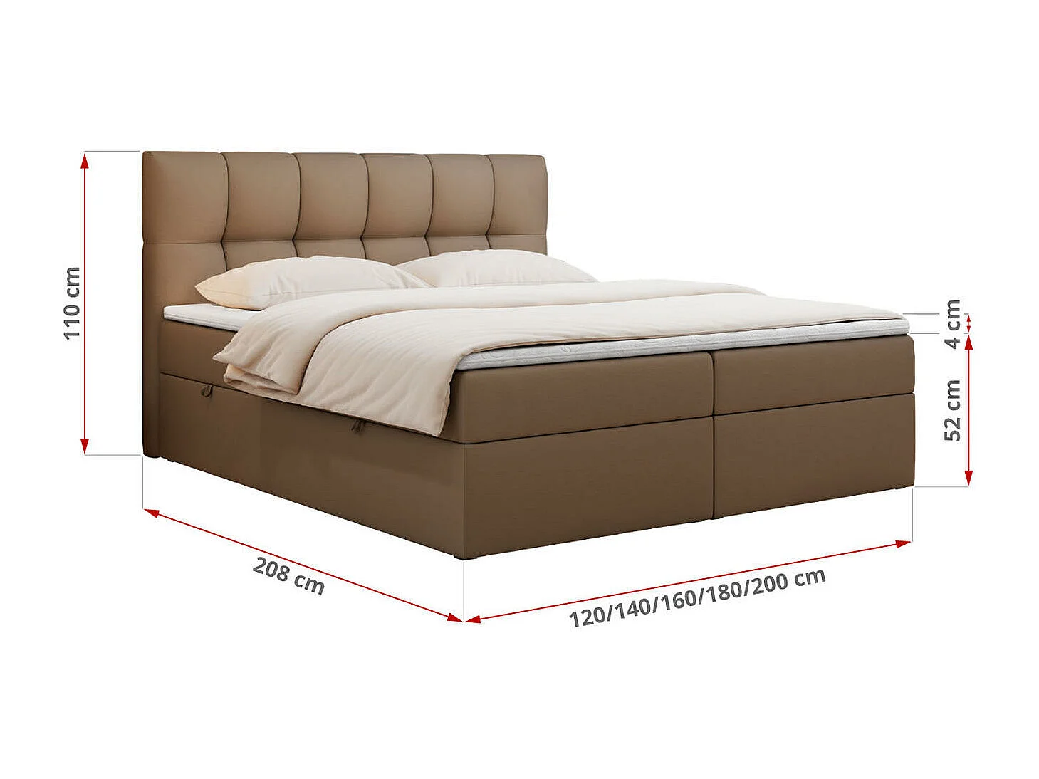 Boxspringbett RICO, Doppelbett mit Matratze, zwei Bettkästen, Bett mit Kopfteil - 200x200 cm - H3 - Braun Kunstleder