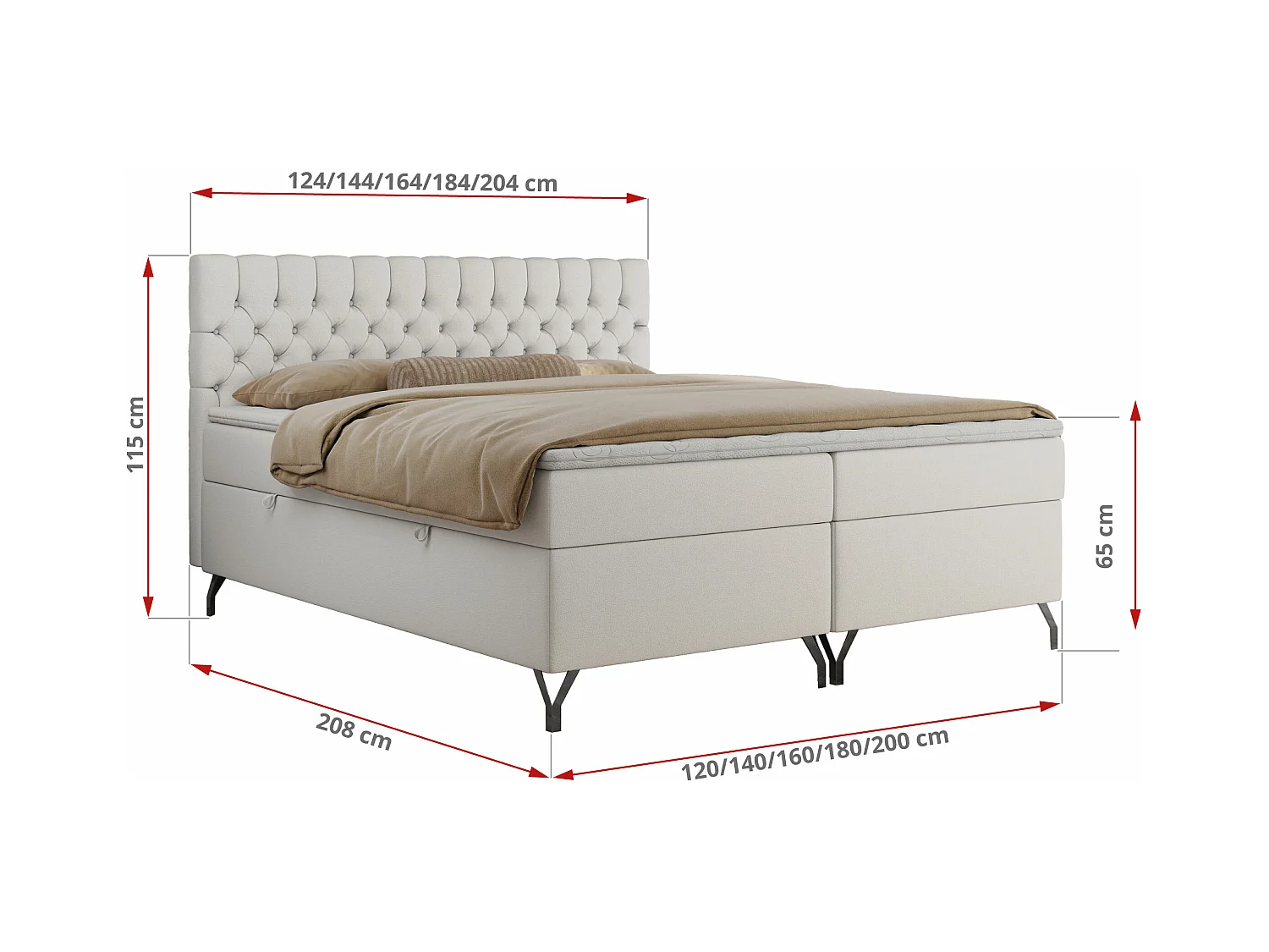 Boxspringbett GRIMALDI mit zwei Bettkästen, gesteppter Kopfstütze, Metallfüßen - 180x200 cm - H4 - Weiß Kunstleder