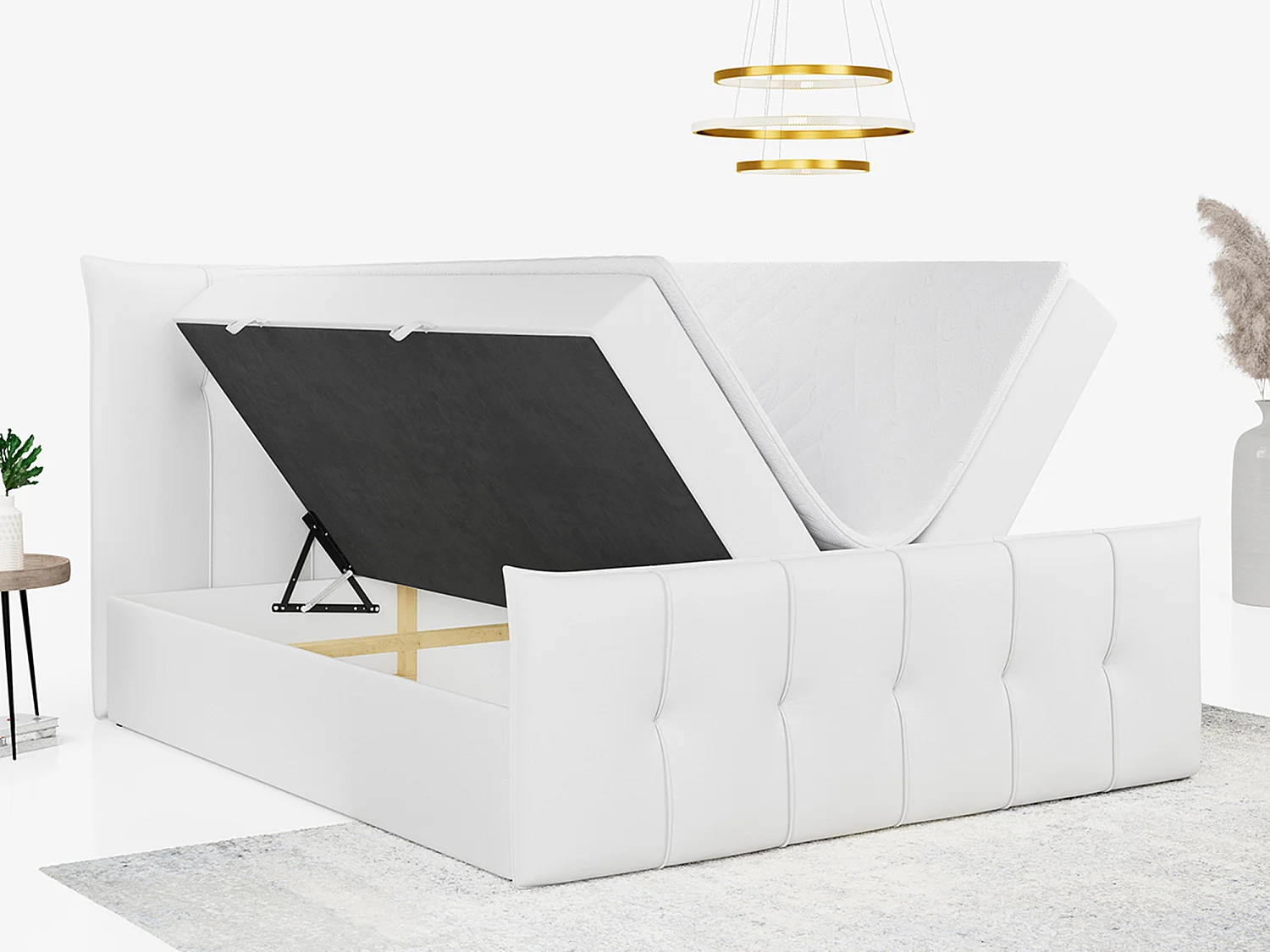 Boxspringbett PREMIUM 11 mit Stauraum, gestepptem Kopfteil, Multipocket-Matratze und Topper - 200x200 cm - H3 - Weiß Kunstleder