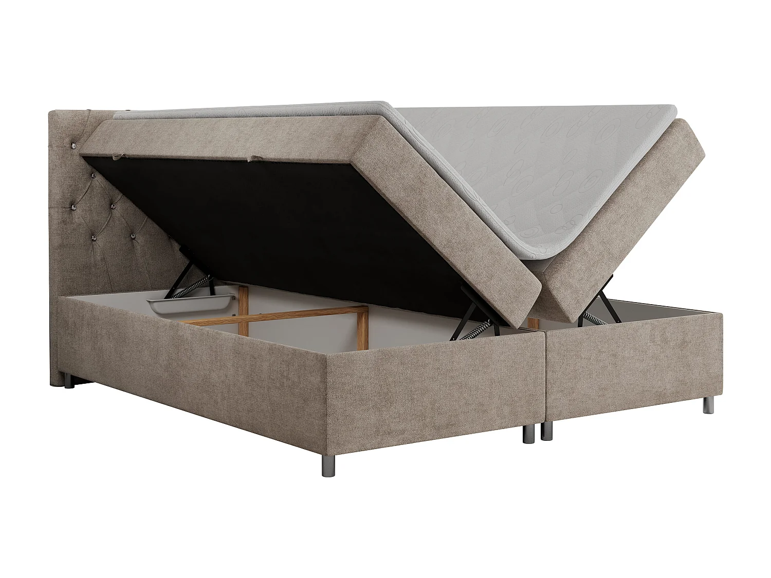 Boxspringbett ROMA mit gestepptem Kopfteil, Multipocket-Matratze, dekorative Füße - 140x200 cm - H4 - Beige Strukture