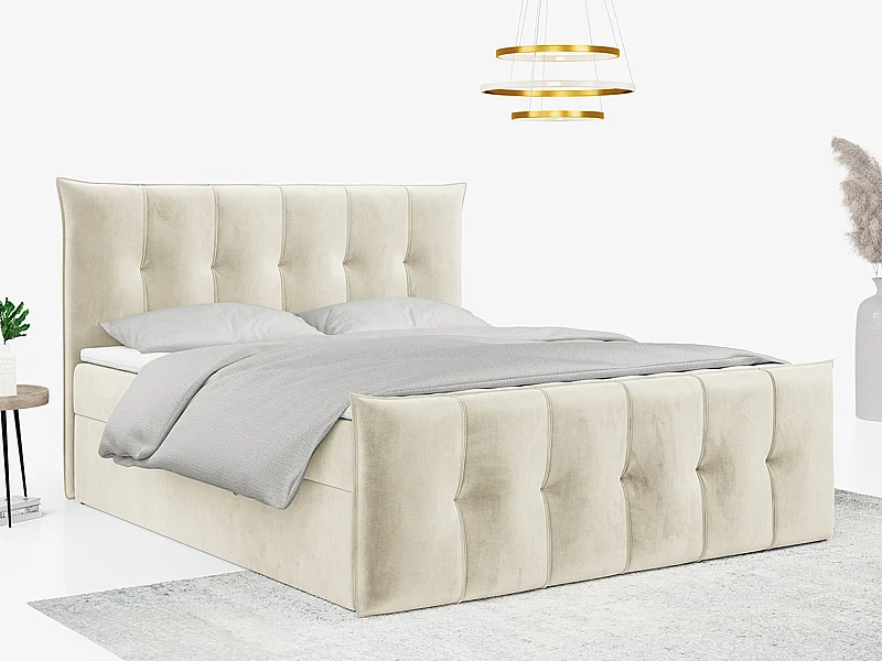 Boxspringbett PREMIUM 11 mit Stauraum, gestepptem Kopfteil, Multipocket-Matratze und Topper - 160x200 cm - H3 - Beige Velvet