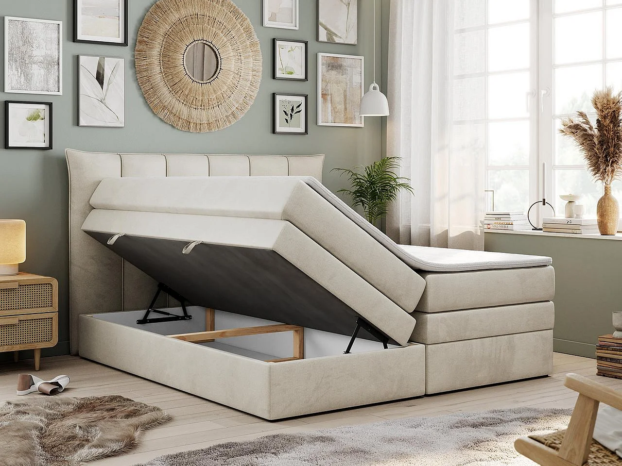 Boxspringbett PREMIUM 10 KING, Doppelbett mit Stauraum, gesteppte Kopfstütze, Multipocket-Matratze - 120x200 cm - H4 - Beige Velvet