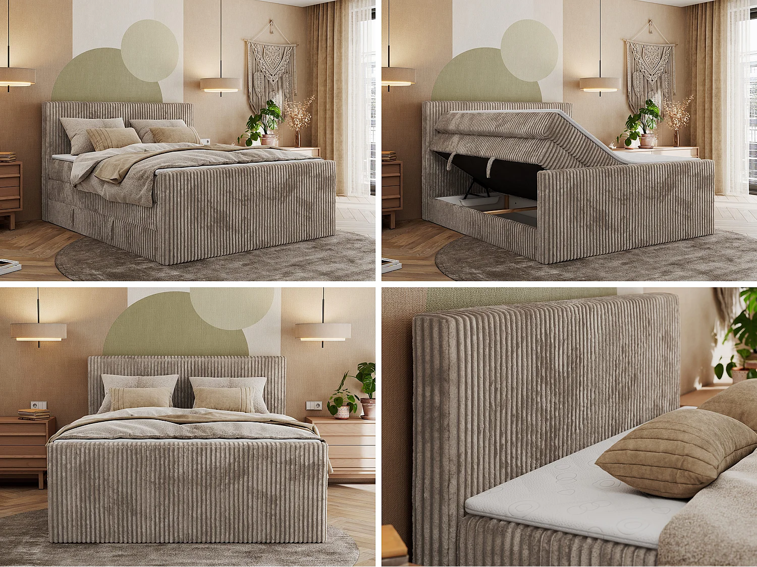 Boxspringbett TILIANO KING DUO, mit zwei Bettkästen, Cord Bett Multipocket-Matratze - 160x200 cm - H3 - Hellbraun Cord