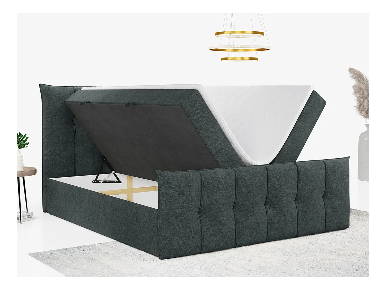 Boxspringbett PREMIUM 11 mit Stauraum, gestepptem Kopfteil, Multipocket-Matratze und Topper - 140x200 cm - H3 - Dunkelgrau Strukture