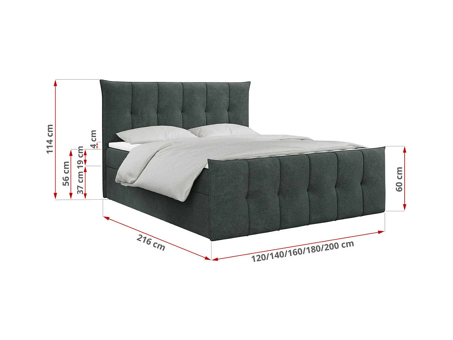 Boxspringbett PREMIUM 11 mit Stauraum, gestepptem Kopfteil, Multipocket-Matratze und Topper - 140x200 cm - H3 - Dunkelgrau Strukture