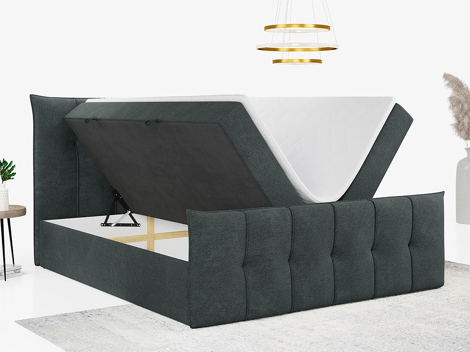 Boxspringbett PREMIUM 11 mit Stauraum, gestepptem Kopfteil, Multipocket-Matratze und Topper - 140x200 cm - H3 - Dunkelgrau Strukture