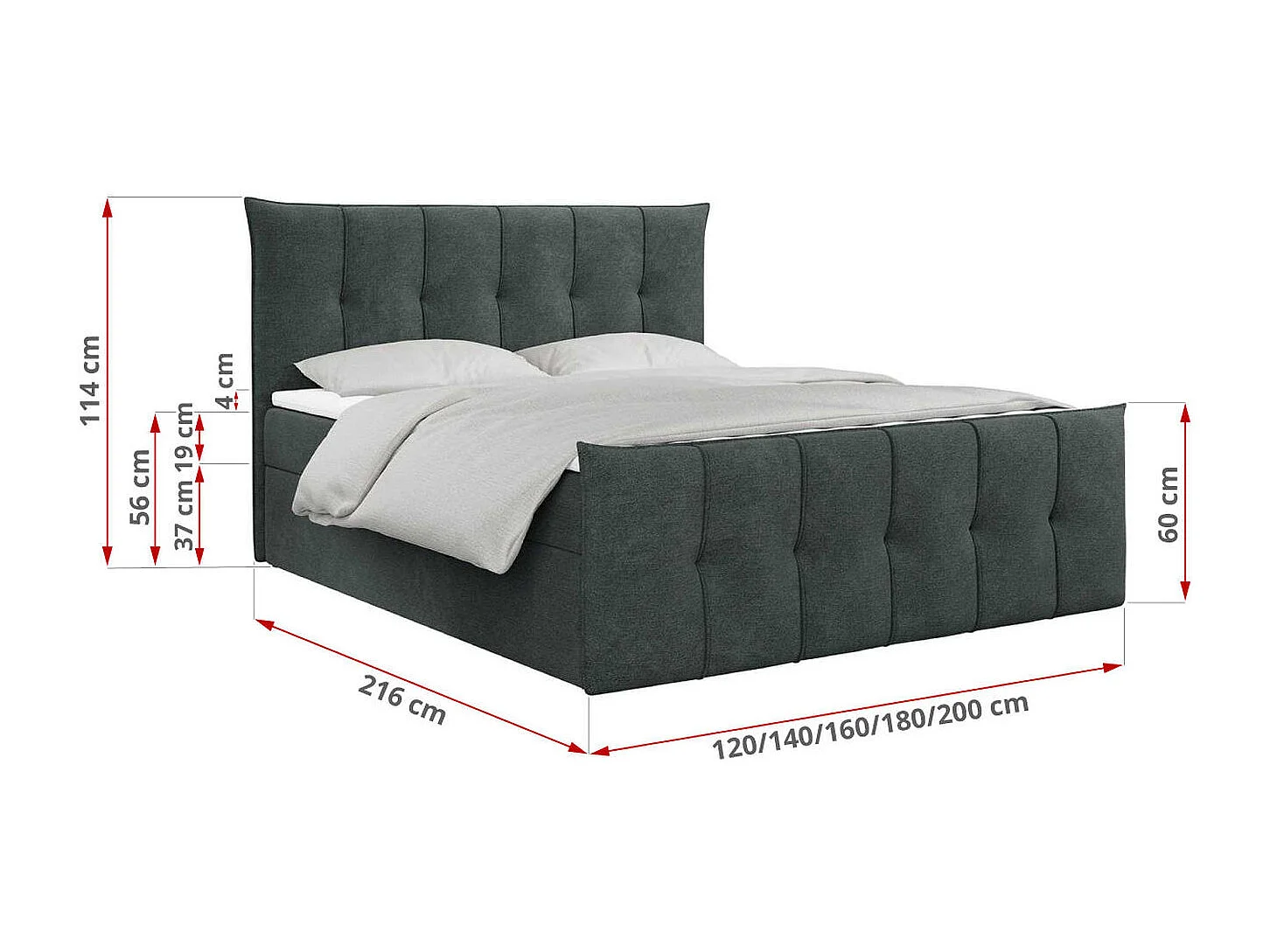 Boxspringbett PREMIUM 11 mit Stauraum, gestepptem Kopfteil, Multipocket-Matratze und Topper - 140x200 cm - H3 - Dunkelgrau Strukture