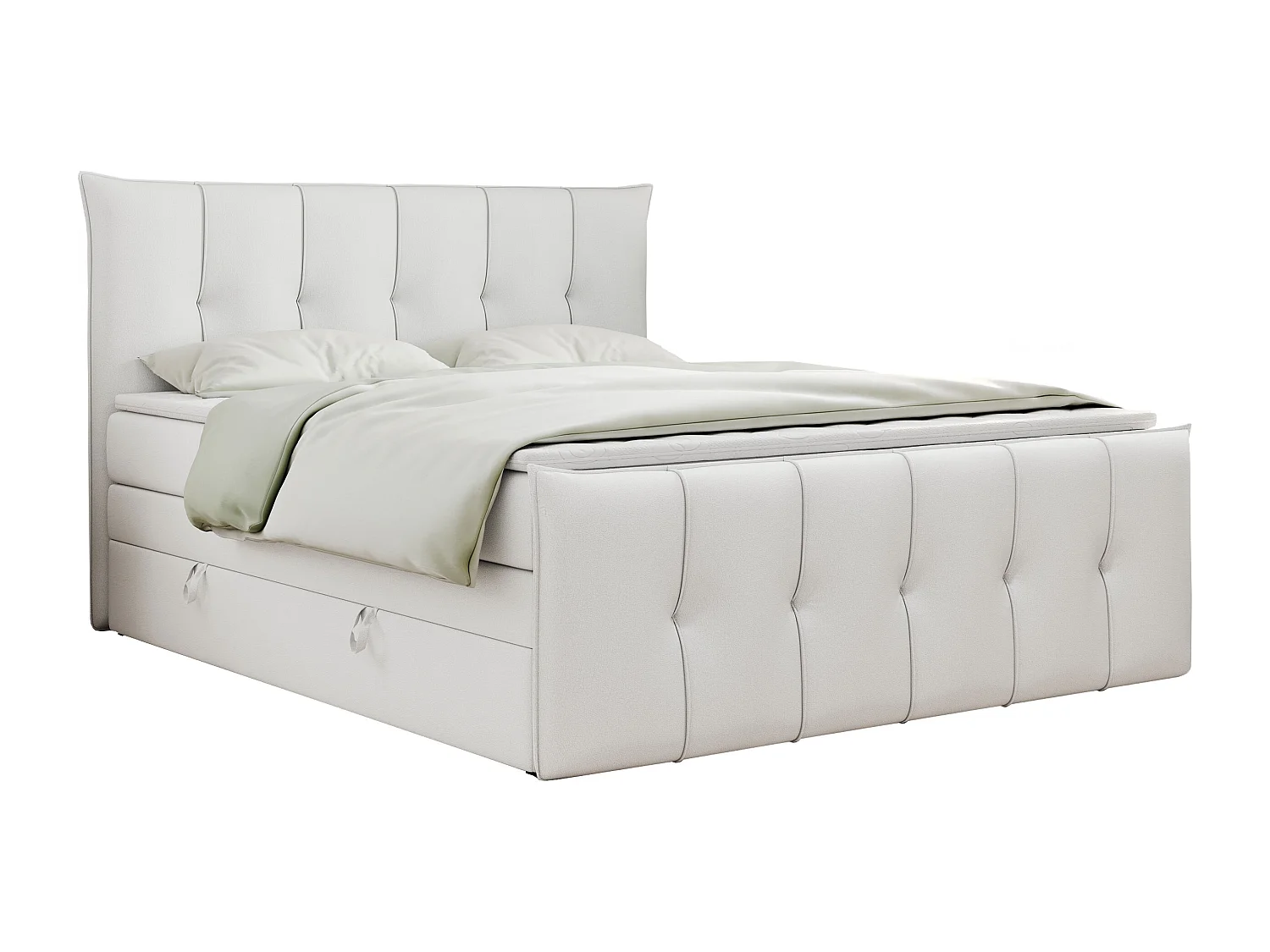 Boxspringbett PREMIUM 11 KING mit Stauraum, gestepptes Kopfteil, zwei Multipocket-Matratzen - 140x200 cm - H3 - Weiß Kunstleder