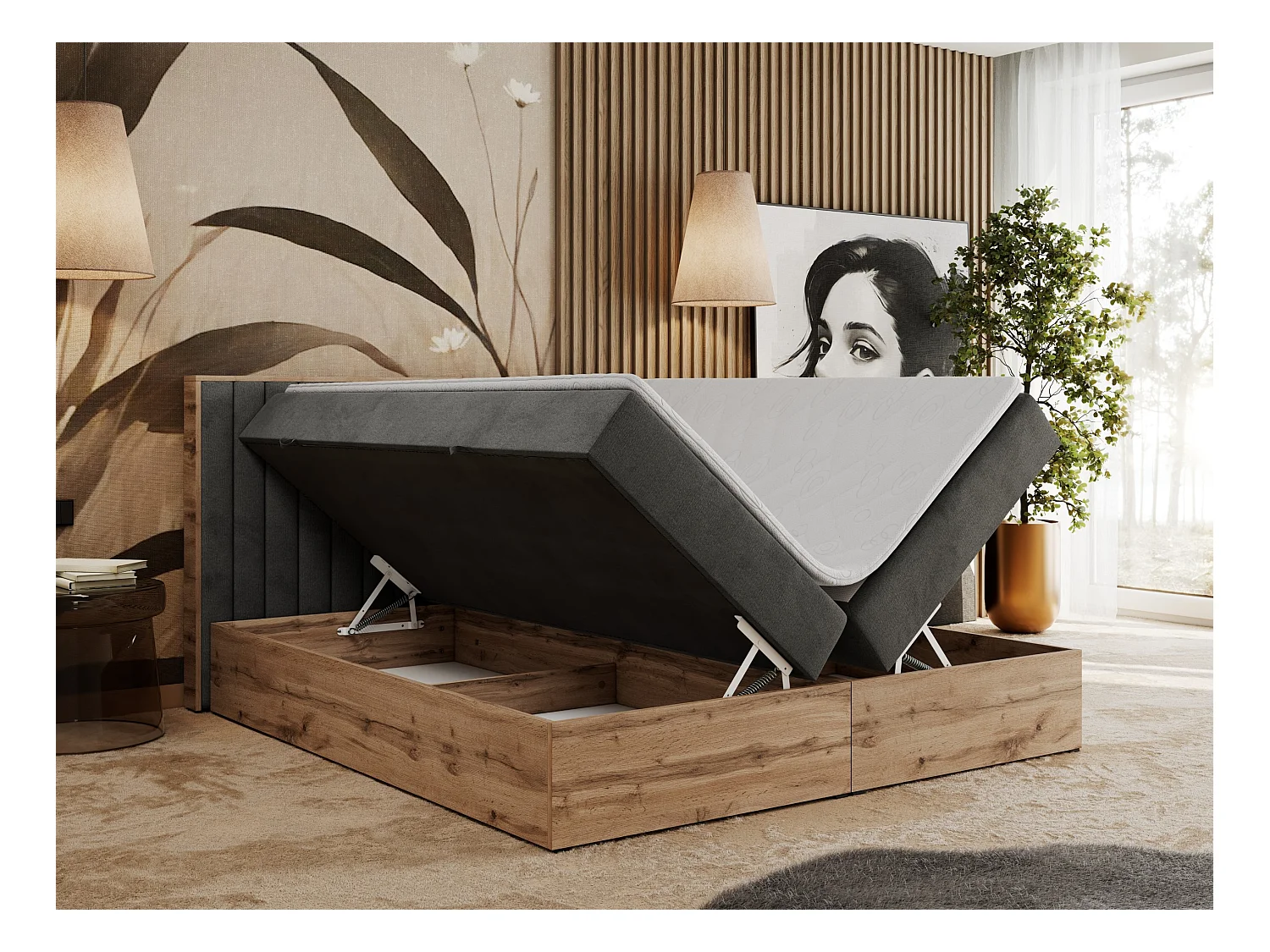 Boxspringbett ALBERO 4, Eiche Wotan Holzrahmen, mit Stauraum, genähtes Kopfteil - 200x200 cm - H4 - Dunkelgrau Velvet