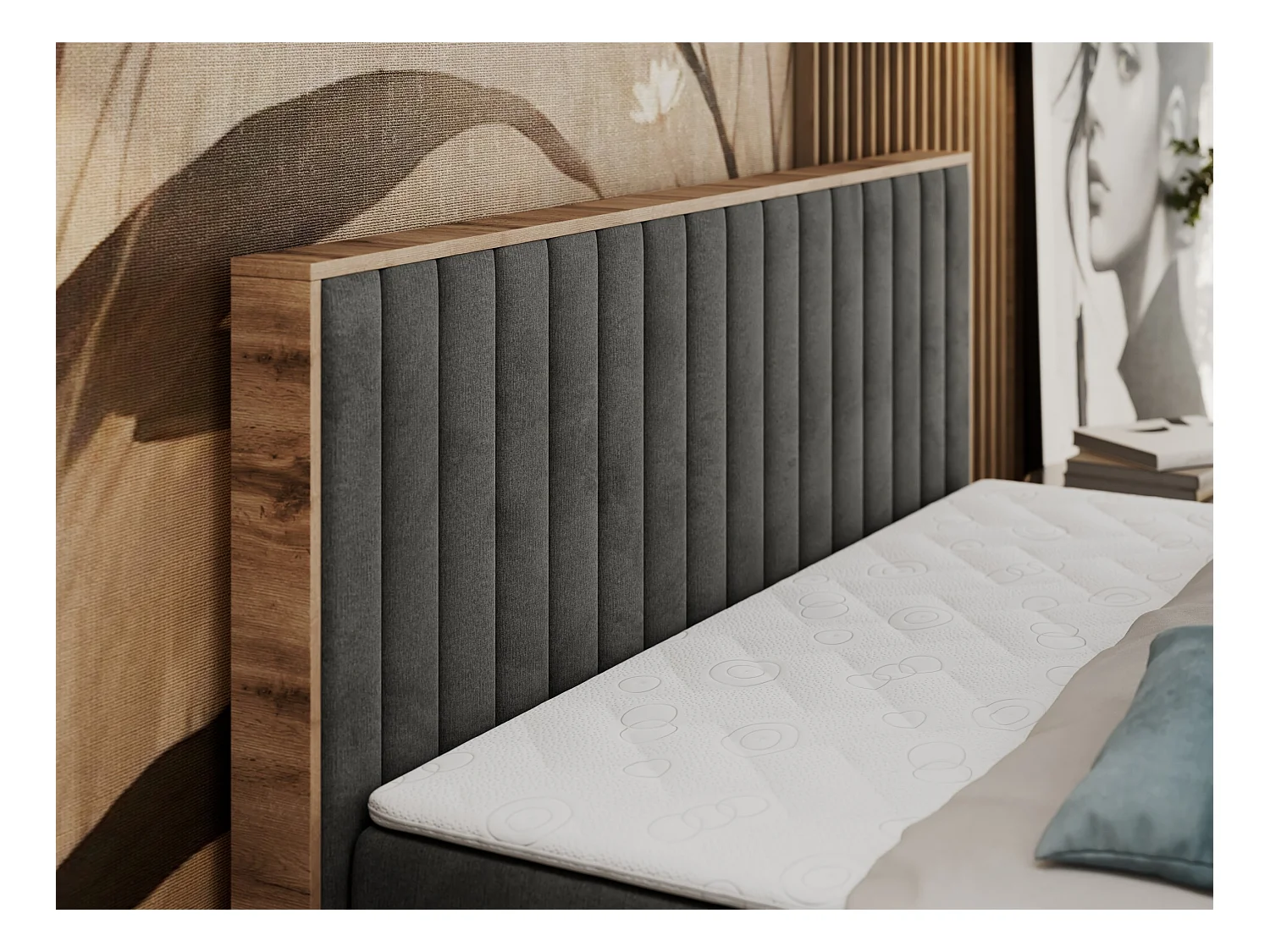 Boxspringbett ALBERO 4, Eiche Wotan Holzrahmen, mit Stauraum, genähtes Kopfteil - 200x200 cm - H4 - Dunkelgrau Velvet