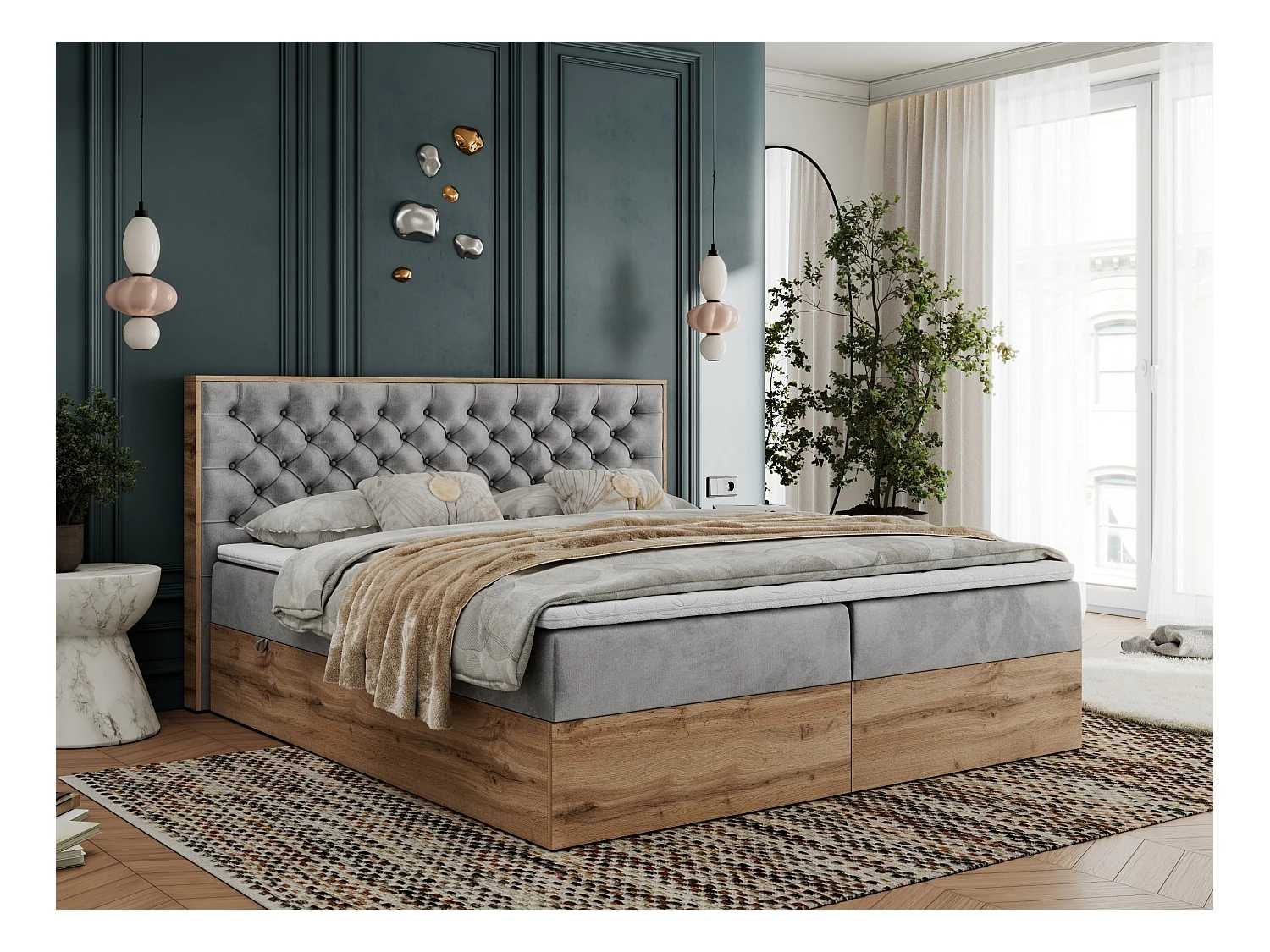 Boxspringbett ALBERO 3 - gesteppte Kopfstütze, Eiche Wotan Holzrahmen, Stauraum - 140x200 cm - H4 - Hellgrau Velvet
