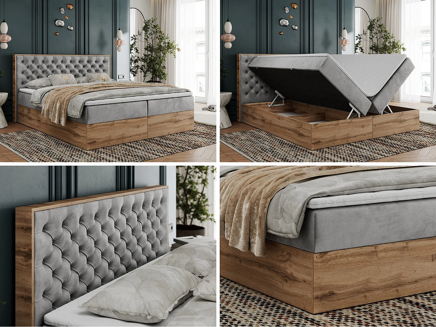 Boxspringbett ALBERO 3 - gesteppte Kopfstütze, Eiche Wotan Holzrahmen, Stauraum - 140x200 cm - H4 - Hellgrau Velvet