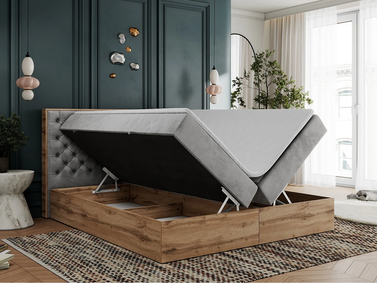 Boxspringbett ALBERO 3 - gesteppte Kopfstütze, Eiche Wotan Holzrahmen, Stauraum - 140x200 cm - H4 - Hellgrau Velvet