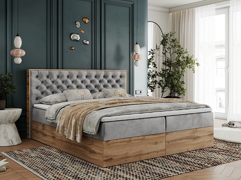 Boxspringbett ALBERO 3 - gesteppte Kopfstütze, Eiche Wotan Holzrahmen, Stauraum - 140x200 cm - H4 - Hellgrau Velvet