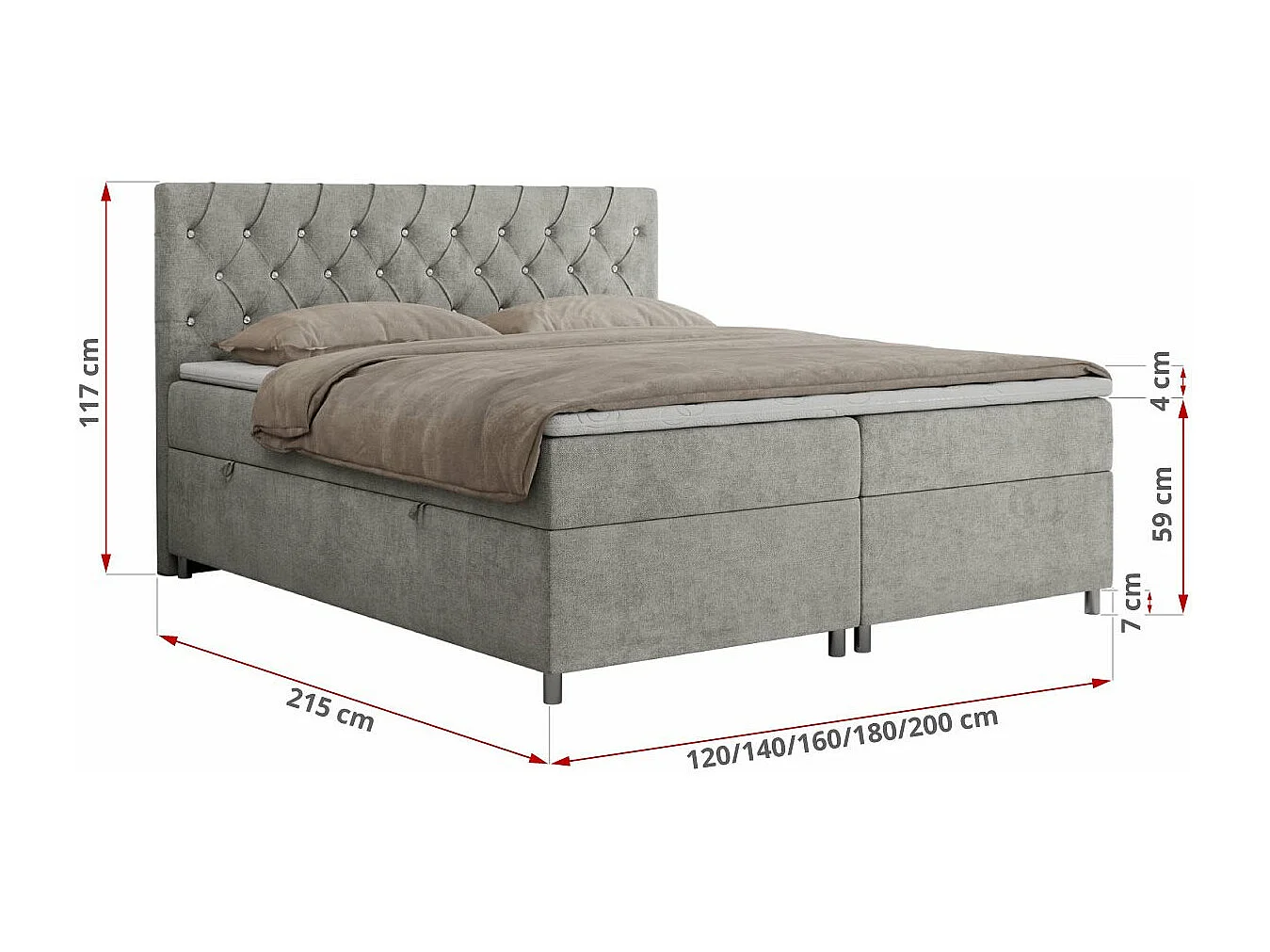Boxspringbett ROMA mit gestepptem Kopfteil, Multipocket-Matratze, dekorative Füße - 160x200 cm - H4 - Hellgrau Strukture