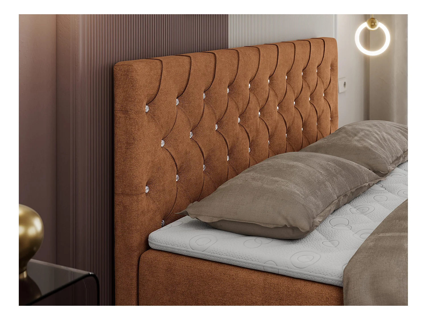 Boxspringbett ROMA mit gestepptem Kopfteil, Multipocket-Matratze, dekorative Füße - 200x200 cm - H4 - Orange Strukture