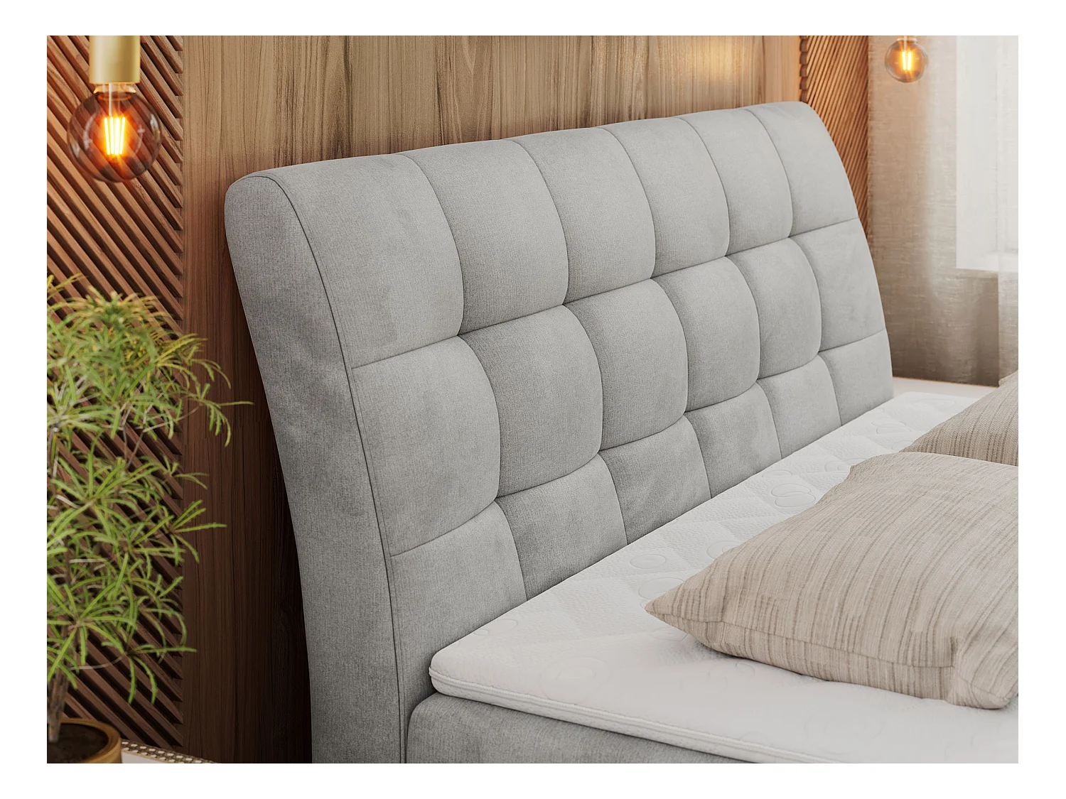 Boxspringbett DIEGOS mit Stauraum, gestepptem Kopfteil, Multipocket-Matratze - 160x200 cm - H4 - Hellgrau Velvet