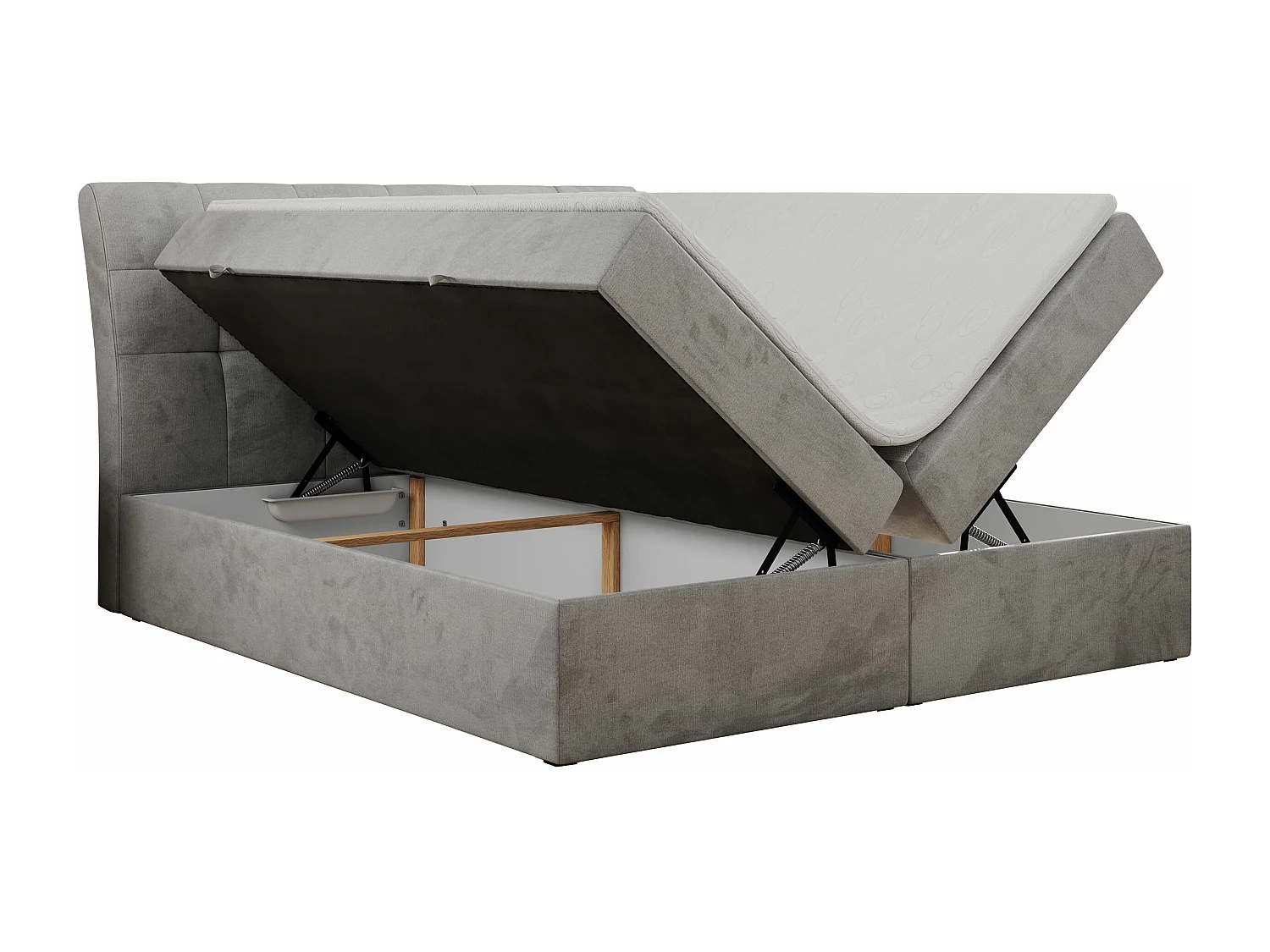 Boxspringbett DIEGOS mit Stauraum, gestepptem Kopfteil, Multipocket-Matratze - 160x200 cm - H4 - Hellgrau Velvet