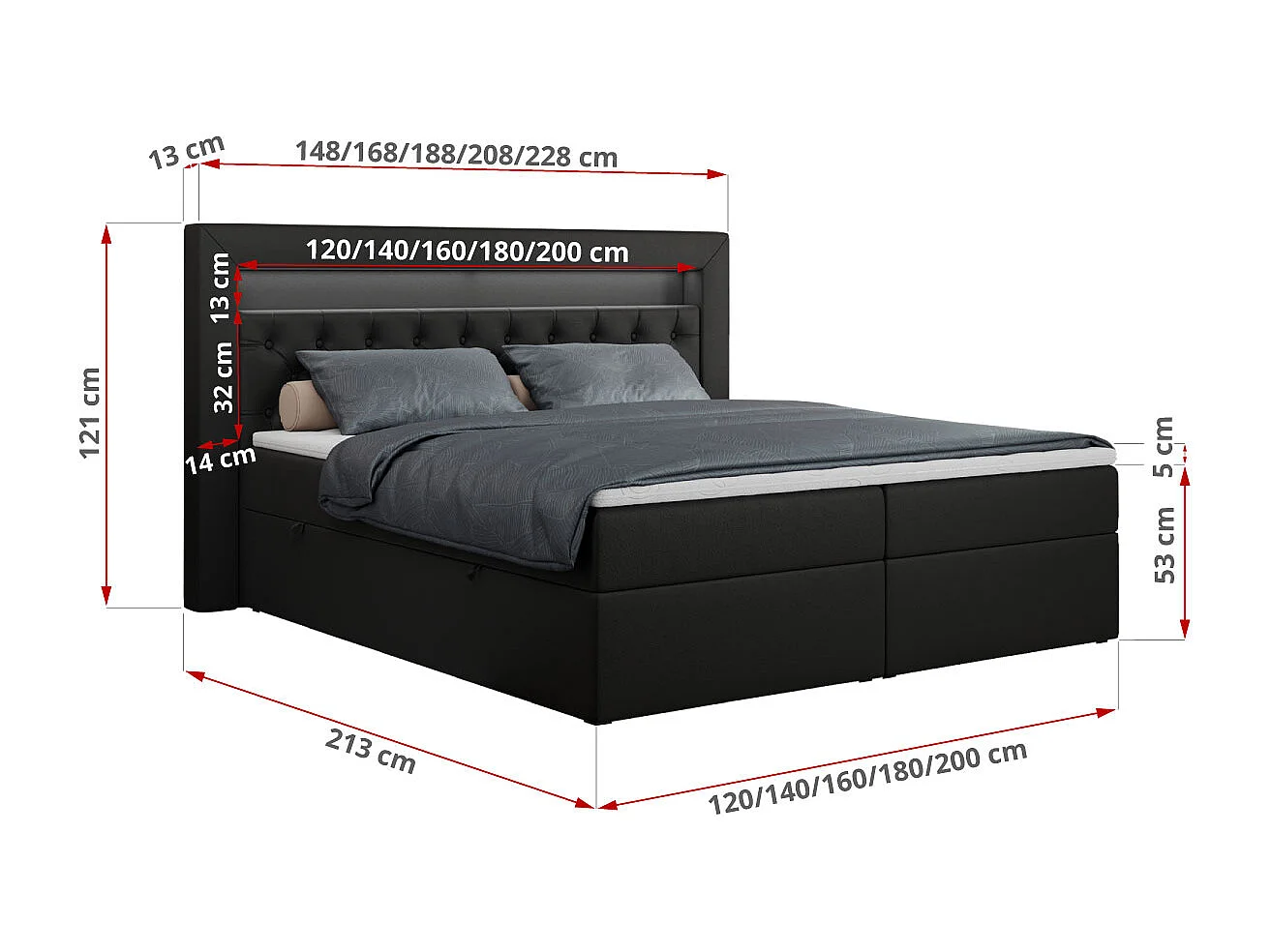 Boxspringbett GOLD 6, Doppelbett mit Stauraum, LED-Beleuchtung, gesteppte Kopfstütze - 200x200 cm - H3 - Schwarz Kunstleder